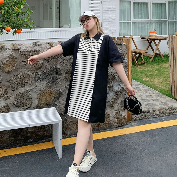 媛子大码条纹修容裙时髦撞色宽松显瘦25夏季新款气质时尚polo短裙
