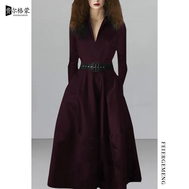 新款晚礼服时尚长袖女打底裙气质V领修身名牌上档次风衣