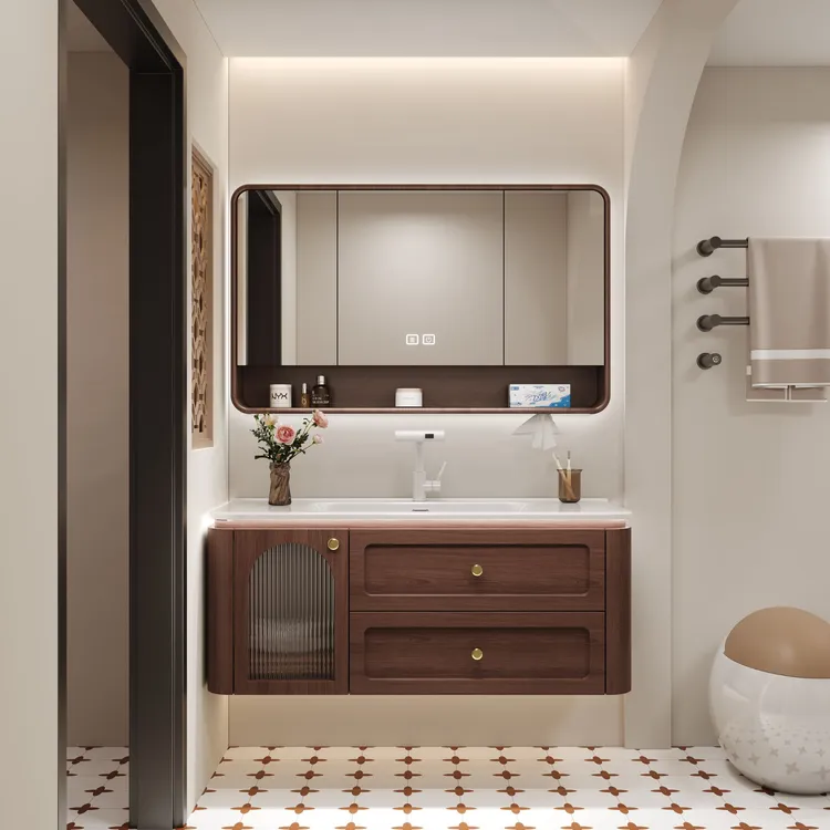 胡桃木色洗手盆柜组合弧形浴室柜一体盆陶瓷卫生间洗漱台智能镜柜