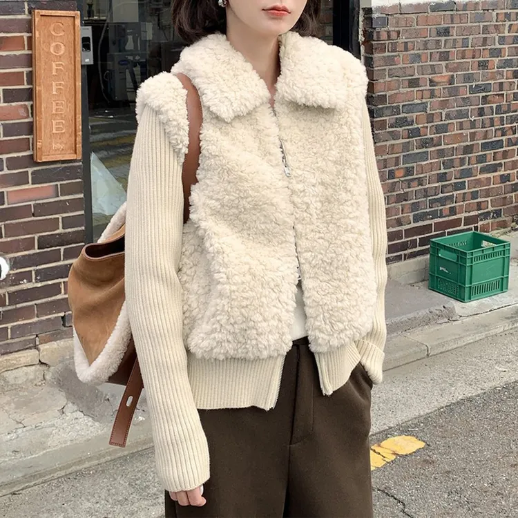 慵懒风毛毛翻领皮毛一体短外套女秋冬双拉链拼接针织长袖开衫上衣