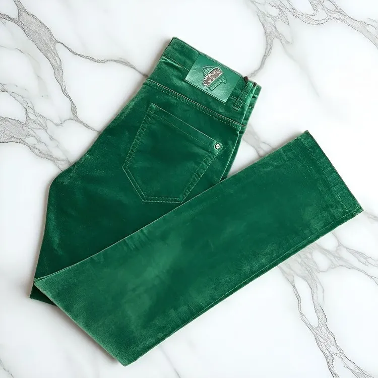 男士秋冬绿色平绒纯色休闲长裤修身小直筒舒适保暖裤时尚潮流男裤