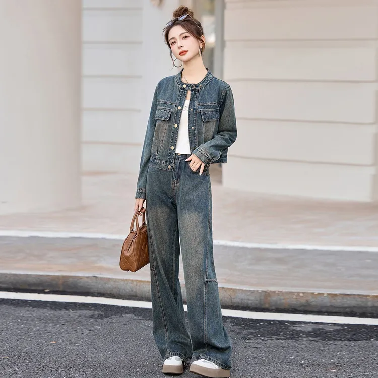 时尚牛仔套装女2025春秋季新款小个子休闲阔腿裤气质显瘦两件套潮