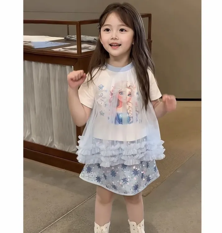【现货速发】夏季艾莎公主洋气印花卡通网衫T恤新款女童半身裙套装