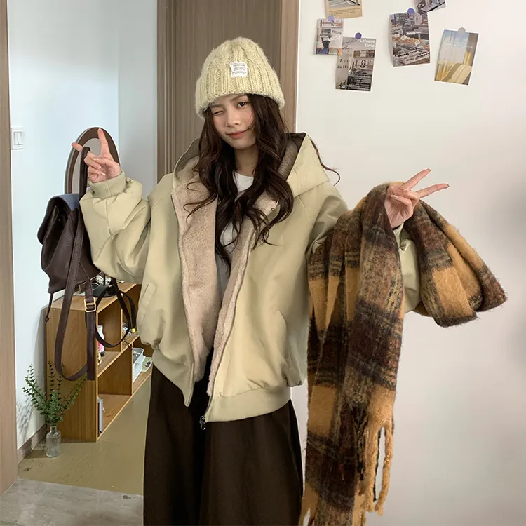 圆脸小雯/【三色棉花糖】重磅帆布仿兔毛座山雕小个子短款韩版外套