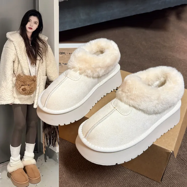 厚底白色皮毛一体内增高女士勃肯雪地靴女新款加绒加厚保暖棉鞋子