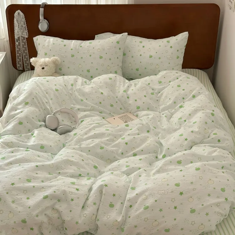 猫咪日记萌趣青苹果小白水洗棉四件套可爱被套学生三件套亲肤床品