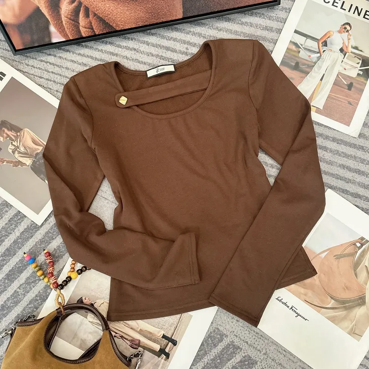 【SuSuqueen】秋冬时尚百搭设计感挂脖圆领显瘦纯色长袖T恤女763