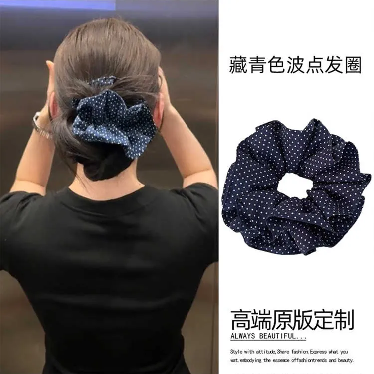 韩系波点蓝色大肠发圈头绳高级感发绳丸子头发饰ns博主同款新款