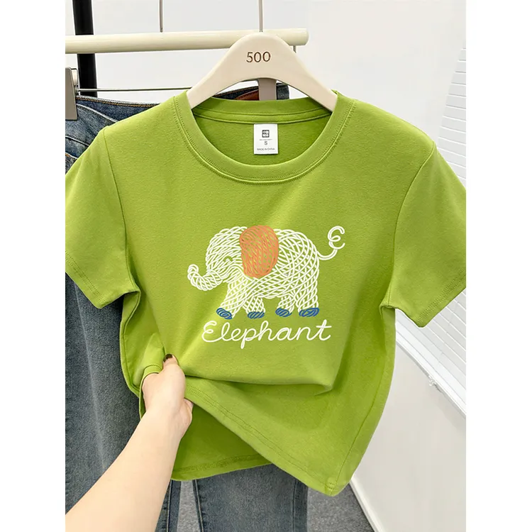 2025夏季新款绿色圆领正肩短袖T恤大码女装胖mm遮肚子半袖上衣服