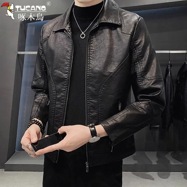 啄木鸟高端皮夹克男士春秋季新款休闲帅气机车服翻领时尚皮衣外套