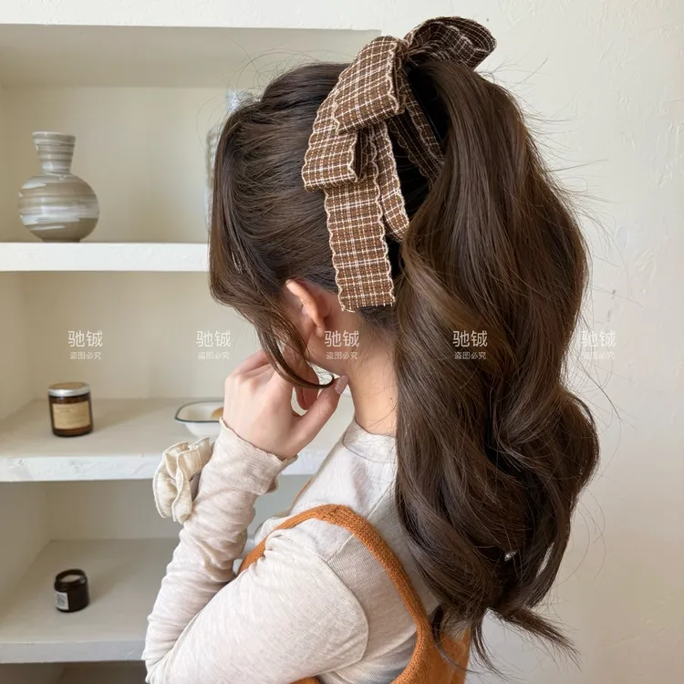 韩系波浪格纹蝴蝶结香蕉夹高马尾固定竖夹高级感后脑勺扎发头饰