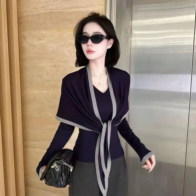 气质名媛小香风时尚套装针织上衣百搭秋冬春夏黑色系带洋气设计师