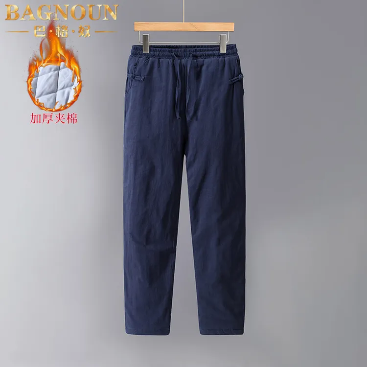 巴格奴休闲裤男士秋冬新款时尚纯色亚麻加棉加厚棉麻保暖复古长裤