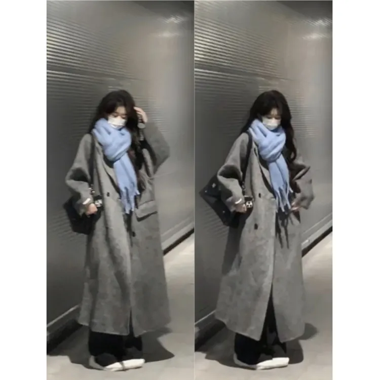 灰色毛呢大衣外套女秋冬季高级感小个子加厚韩系正肩2025新款风衣