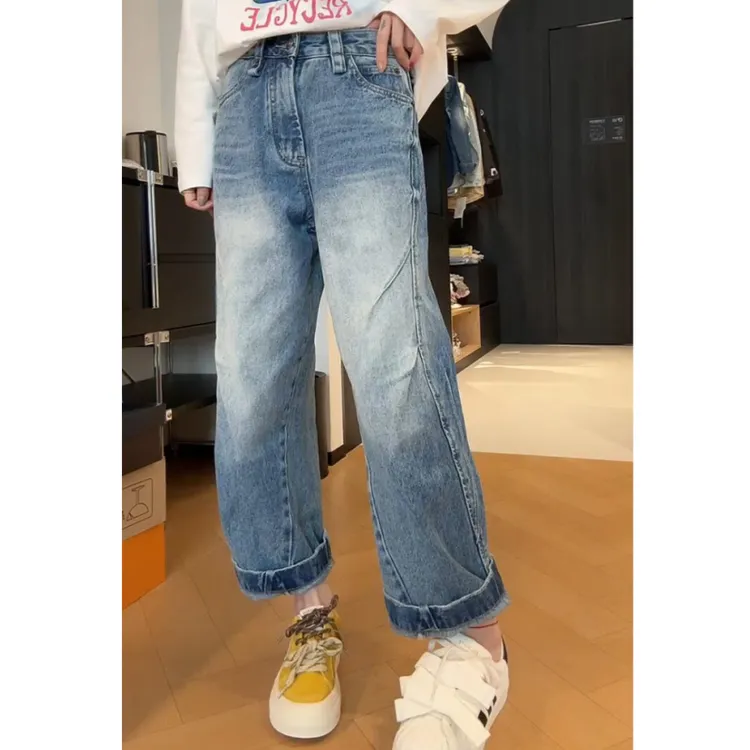 2025年春季新款大码高腰哈伦牛仔裤女梨型身材小个子显瘦弯刀裤