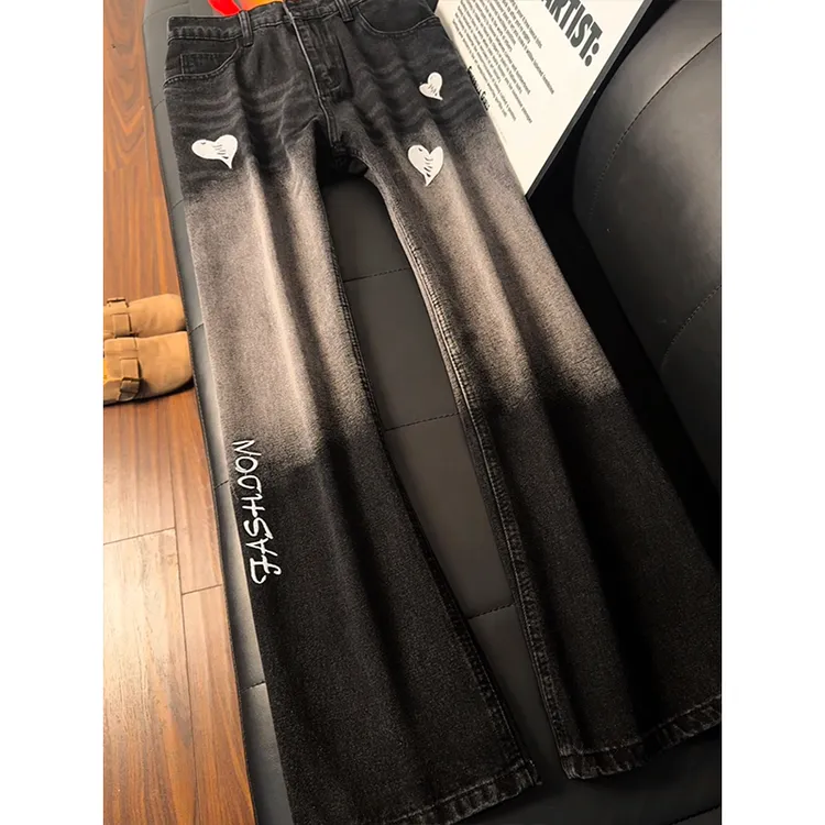 黑色设计感刺绣微喇牛仔裤男女款秋冬加绒加厚裤子窄版修身直筒裤