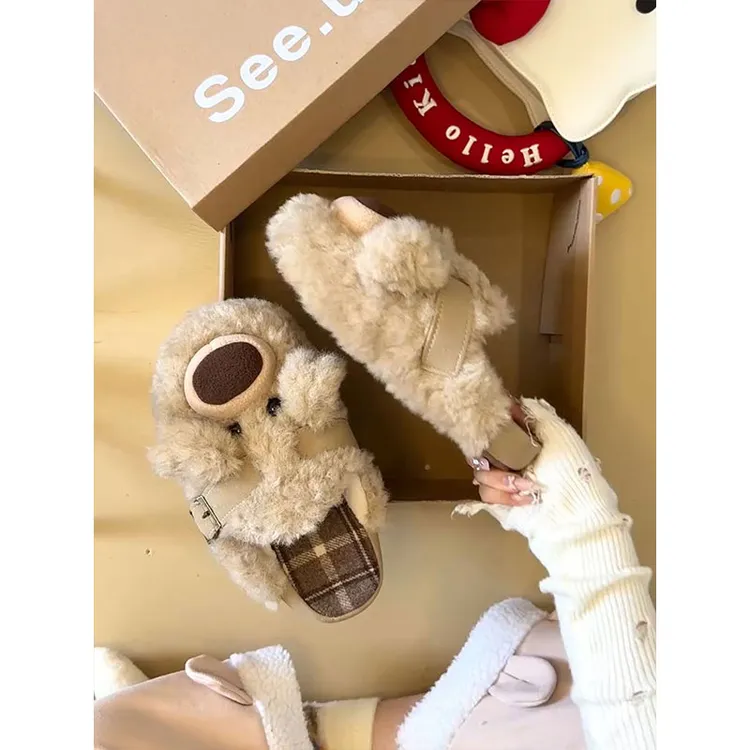可爱卡通毛绒大鼻狗毛毛鞋女2025新款居家保暖外穿加绒厚底棉拖鞋