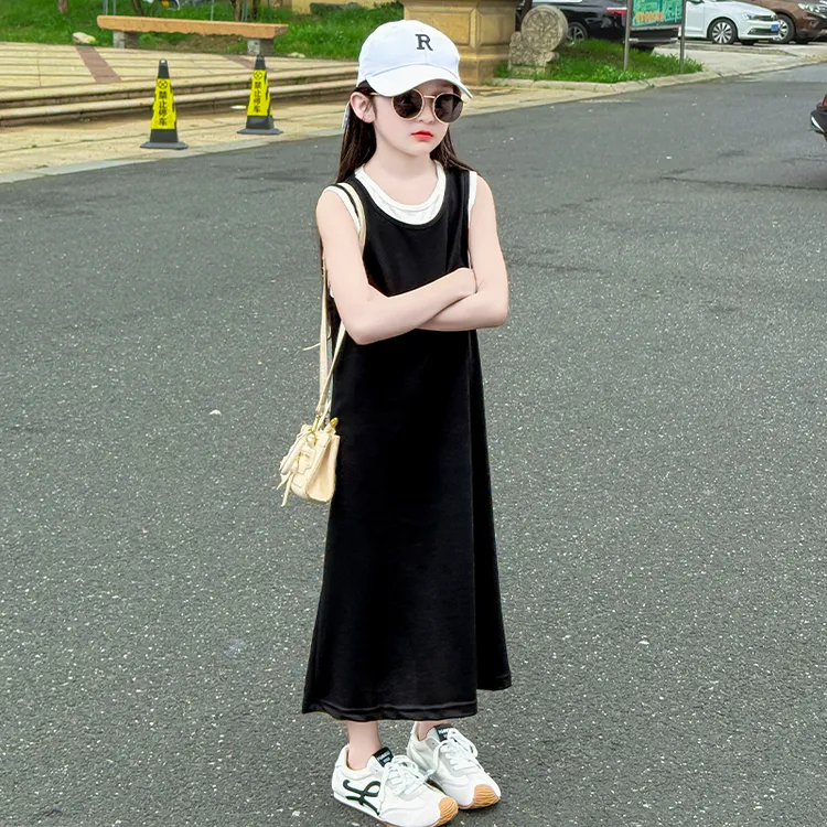 女童夏连衣裙2025新款中大童夏季高级感洋气韩版假两件针织背心裙