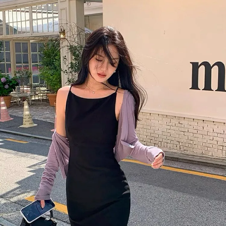 复古赫本风法式性感包臀裙皱褶收腰显瘦无袖纯色吊带连衣裙(不含