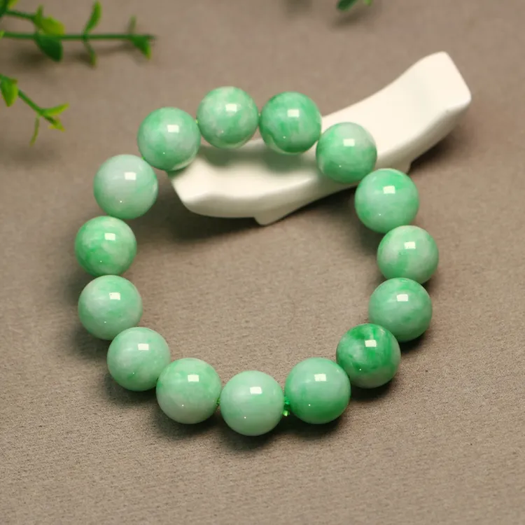 #H389糯白底飘阳绿天然A货翡翠珠子手串手链 素面大圆珠男士
