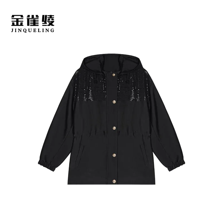 金雀绫【巴黎街头】时尚设计感烫钻连帽百搭短风衣外套SZA1T065
