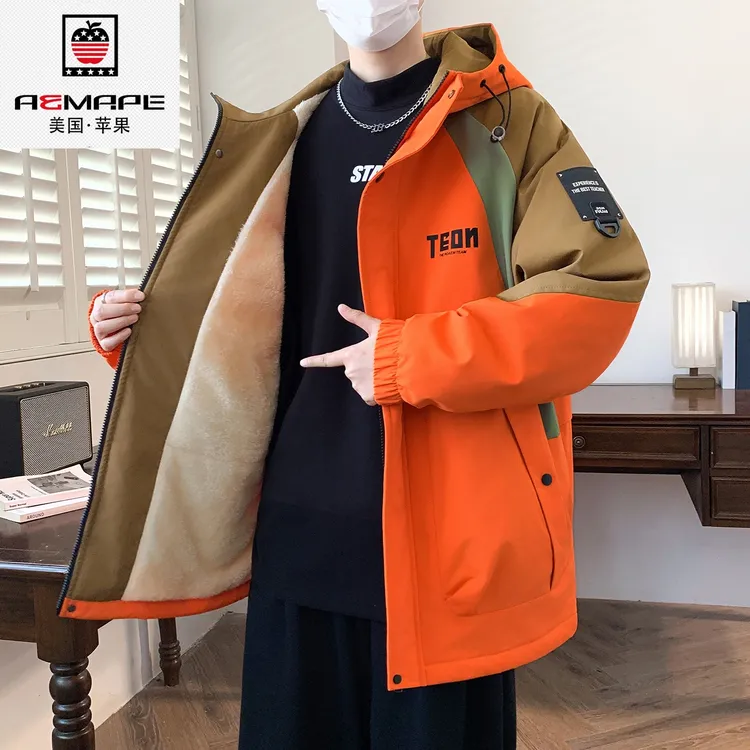 美国苹果冬季连帽防风青少年男生美式夹克加绒加厚韩版青少年学生
