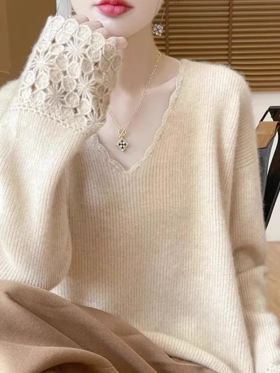 3881胖mm重工钩花V领套头毛衣外套高级感宽松针织衫慵懒风打底衫