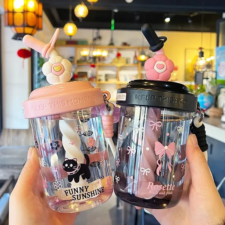 夏天高颜值吸管杯学生上学专用可爱搅拌杯女生便携塑料杯tritan