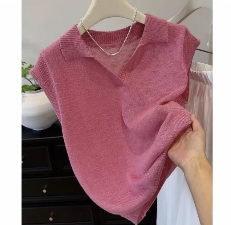 时尚休闲翻领飞飞袖针织短袖t恤女夏季新款显瘦减龄百搭无袖上衣