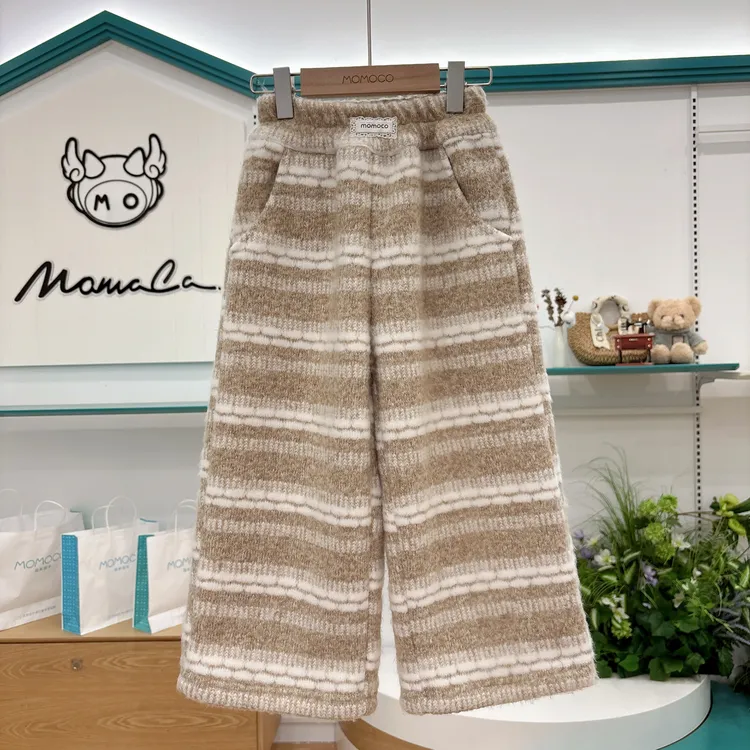MOMOCO女童冬季加绒新款时尚韩版洋气条纹直筒休闲裤77830358030