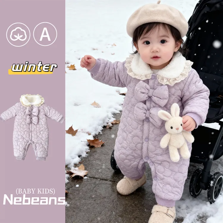 【加厚保暖】冬款女宝宝连身衣外出服紫色蝴蝶结毛领婴儿哈衣爬服