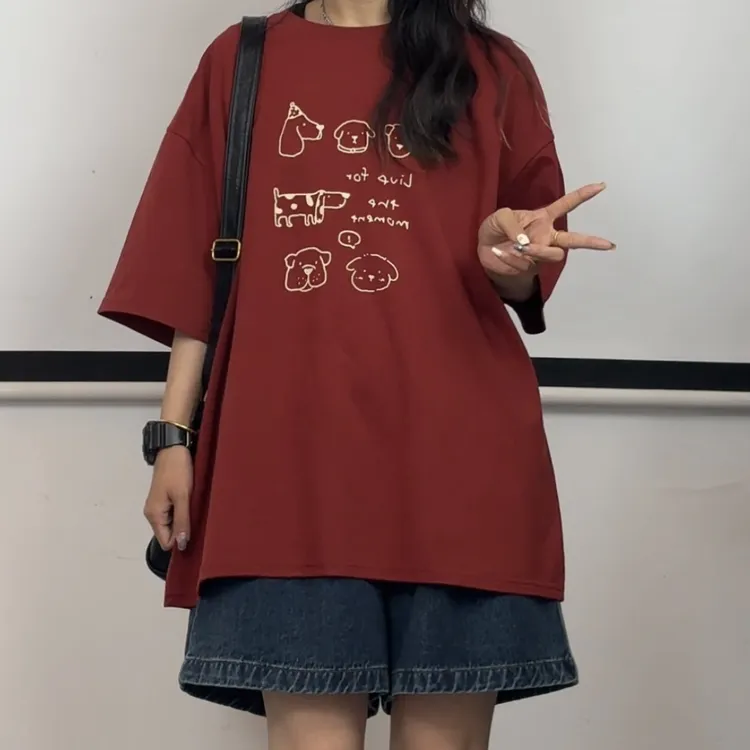 【小惜亦】狗狗宽松女t恤慵懒2025新款夏显瘦遮肉纯棉半袖插肩袖