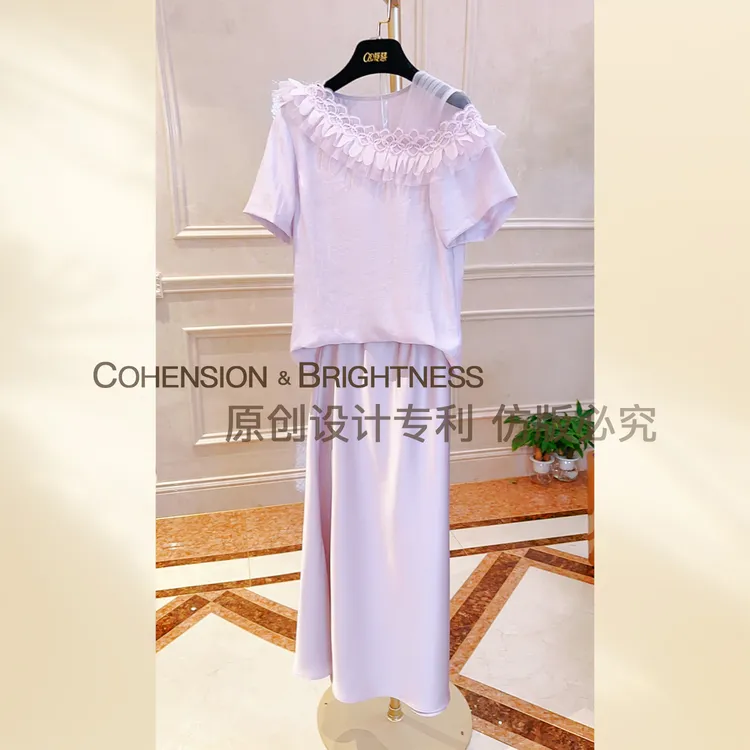 凝慧真的好【花间倾夏】夏季法式斜肩花边显瘦短袖上衣+半身裙TR306