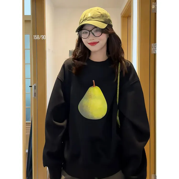 美式简约小众水果印花圆领卫衣女秋冬季新款宽松情侣黑色百搭上衣