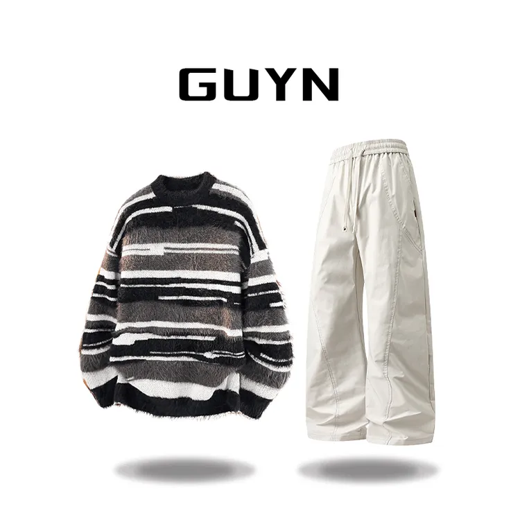 【品牌正品现货】GUYN秋冬季高级感撞色条纹毛衣男款宽松圆领针织衫
