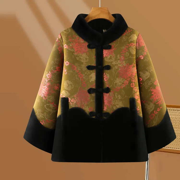 妈妈冬装贵气高档外套加绒加厚保暖大衣仿皮毛一体奶奶装秋冬衣服