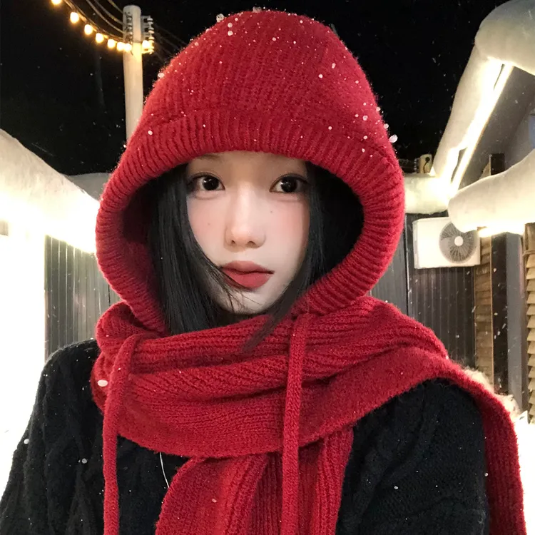2025新款红色巴拉克拉法帽女冬季针织毛线包头帽保暖帽子围巾一体