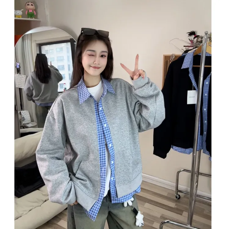 【现货 晓晓张专属 】春季假两件情侣款拼接格子休闲卫衣百搭上衣