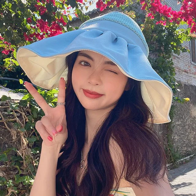 防晒帽防紫外线空顶帽女夏季沙滩黑胶大帽檐遮阳帽遮脸骑车贝壳帽