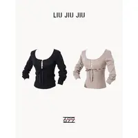 LIUJIUJIU 韩版小众U领绑带收腰蝴蝶结设计纯欲风针织上衣SY4834L
