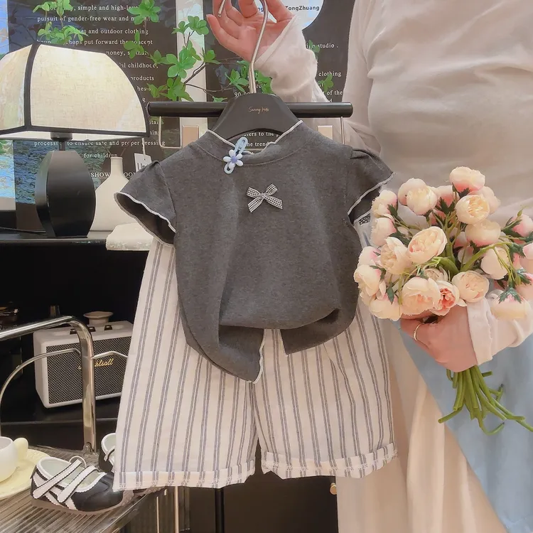女童2025夏季新款韩系女宝宝木耳边软糯短袖上衣条纹直筒裤套装