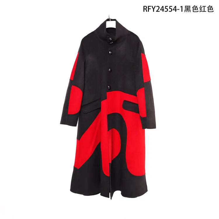 24554-1 黑色/红色 长款大衣554 时尚女士设计师气质经典宽松