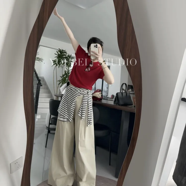 YOUBEI/红色纸沙针织短袖+浅卡其立体阔腿裤+条纹莱赛尔防晒套装