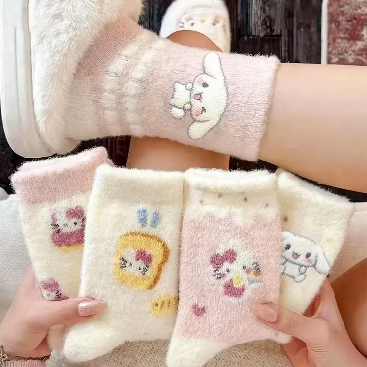 【五双】秋冬季加厚澳绒保暖中筒袜加绒地板可爱日系卡通毛绒睡眠LW