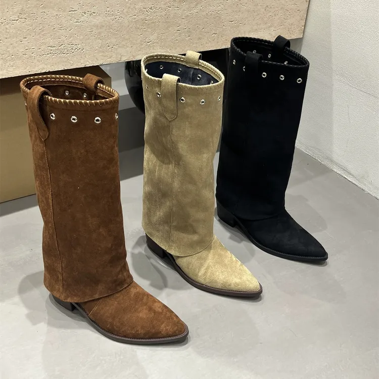 棕色美拉德高跟尖头长筒骑士靴女靴子2025秋冬季绒面西部瘦瘦长靴