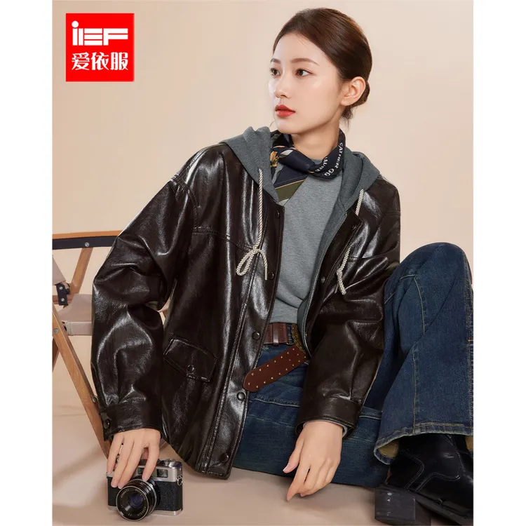 IEF/爱依服2025秋季新款美式潮酷帅气机车风通勤休闲风亮面皮外套