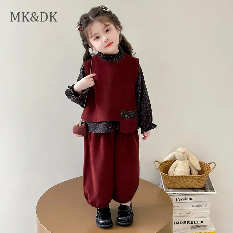 MK&DK春秋季2025新款洋气女童森系碎花马甲衬衣儿童套装女童秋装