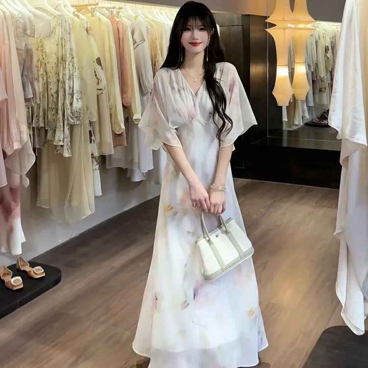 GOODY-GOODY-上新水墨晕染高级浅色立体剪裁小飞袖连衣裙25095-1