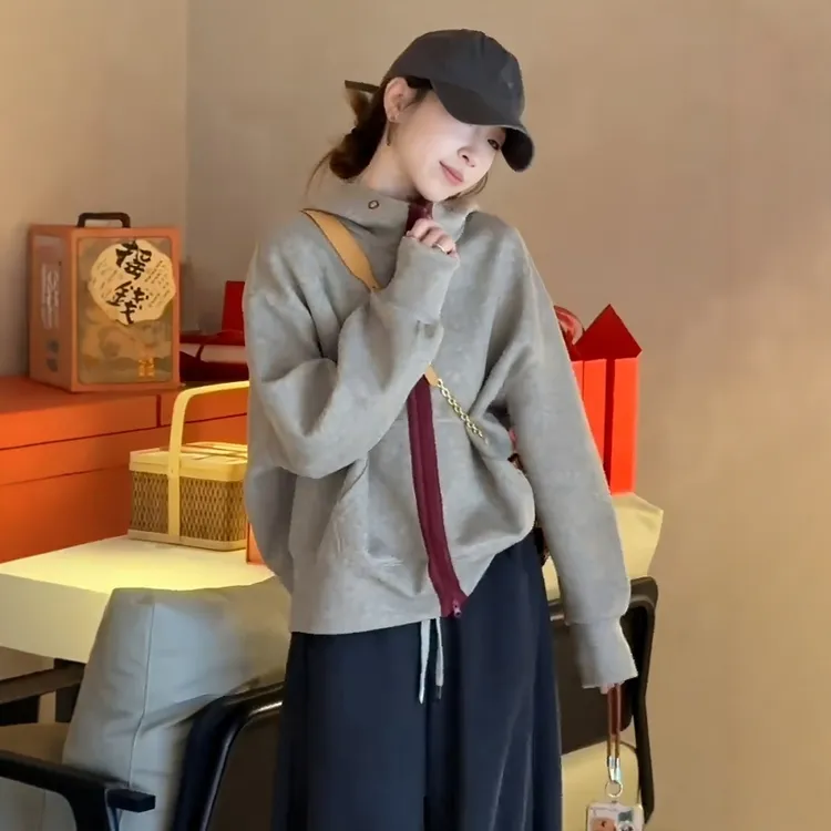 大码灰色连帽开衫卫衣外套女秋季新款胖mm显瘦宽松休闲棒球服上衣