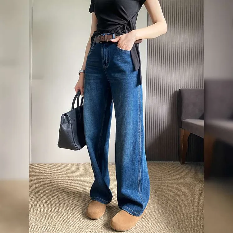 深蓝色窄版直筒牛仔裤女秋冬新款大码胖mm宽松显瘦小个子阔腿裤